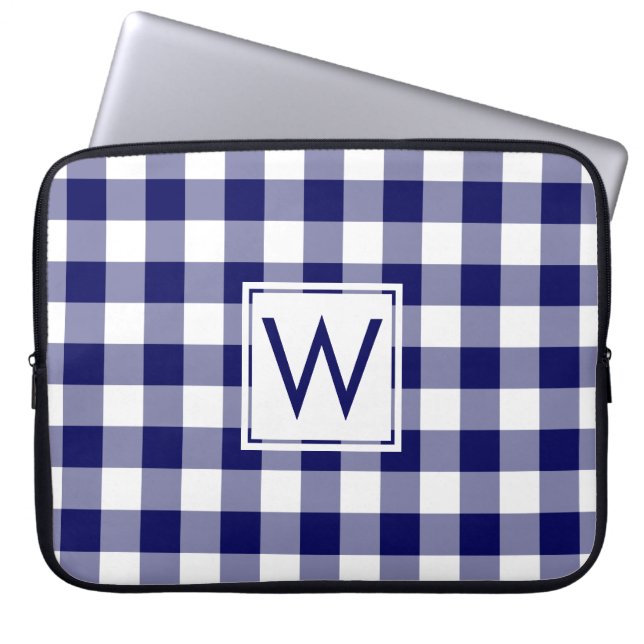 Capa Para Notebook Padrão de Xadrez Gingham Azul Marinho Monograma Cl (Frente)