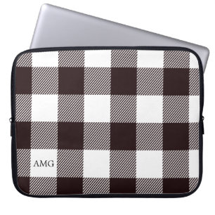 Capa Para Notebook Padrão de Xadrez Gingham Monograma Branco e Preto