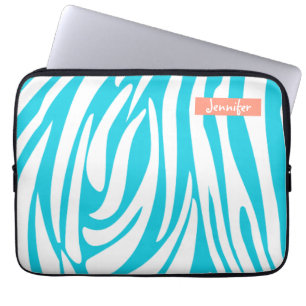 Capa Para Notebook Padrão de Zebra com Raspas de Cor Turquesa Monogra