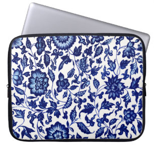 Capa Para Notebook Padrão floral azul-marinho chinês em branco