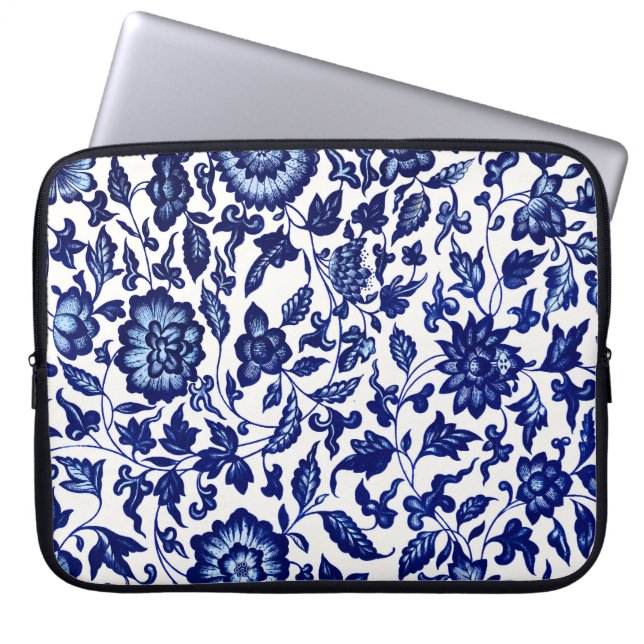 Capa Para Notebook Padrão floral azul-marinho chinês em branco (Frente)