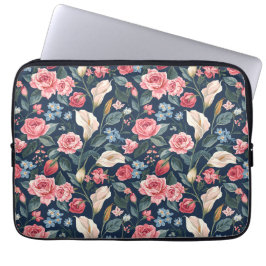 Capa Para Notebook Padrão Floral Azul Naval Romântico