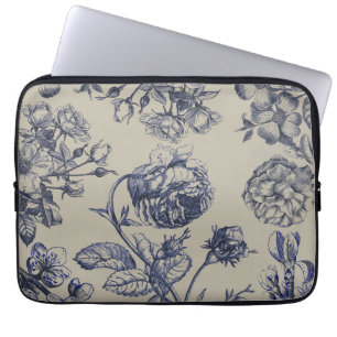 Capa Para Notebook Padrão Floral Botânico Toile Azul Vintage