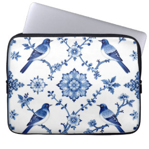 Capa Para Notebook Padrão Floral de Pássaro em Chinoiserie Azul