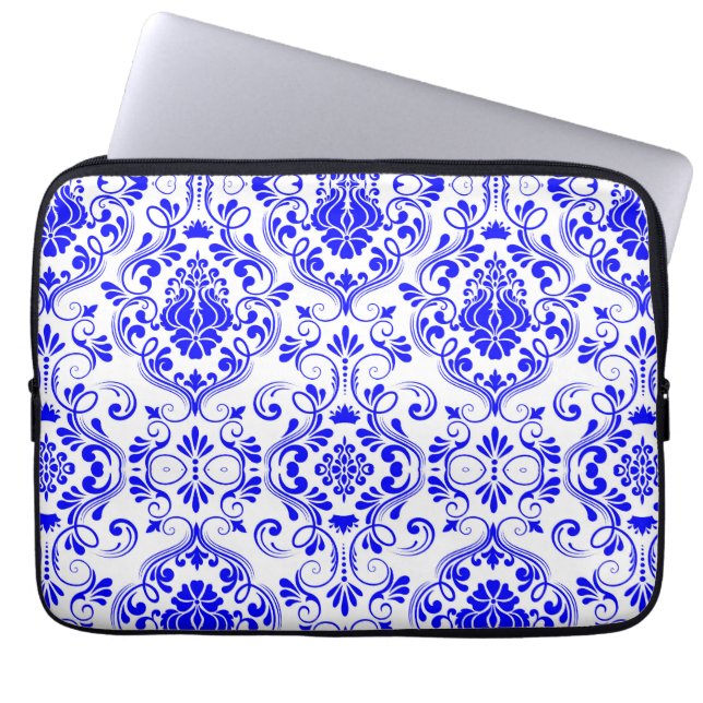Capa Para Notebook Padrão Floral do Damasco Azul e Branco Elegante (Frente)