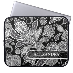 Capa Para Notebook Padrão Floral do Ornamentado Preto e Branco