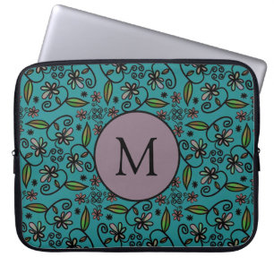 Capa Para Notebook Padrão Floral Monograma Azul Turquesa Fofo