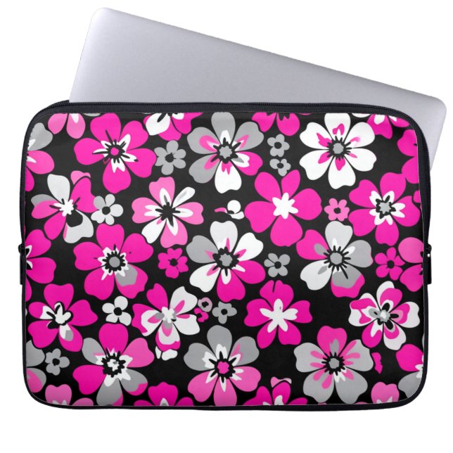 Capa Para Notebook Padrão Floral Rosa Cinza Branco Preto (Frente)