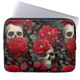 Capa Para Notebook Padrão Floral Sem Costura de Corvo Gótico e Caveir