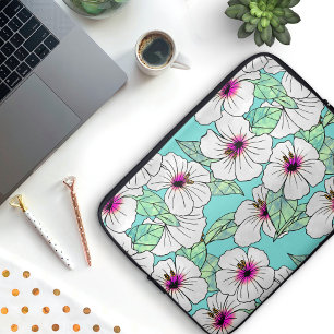 Capa Para Notebook Padrão Floral Tropical de Hibiscus Rosa e Branco