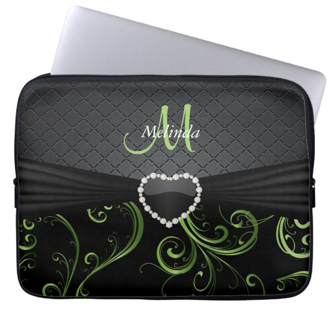 Capa Para Notebook Padrão Floral Verde Elegante Preto e Peridot (Frente)