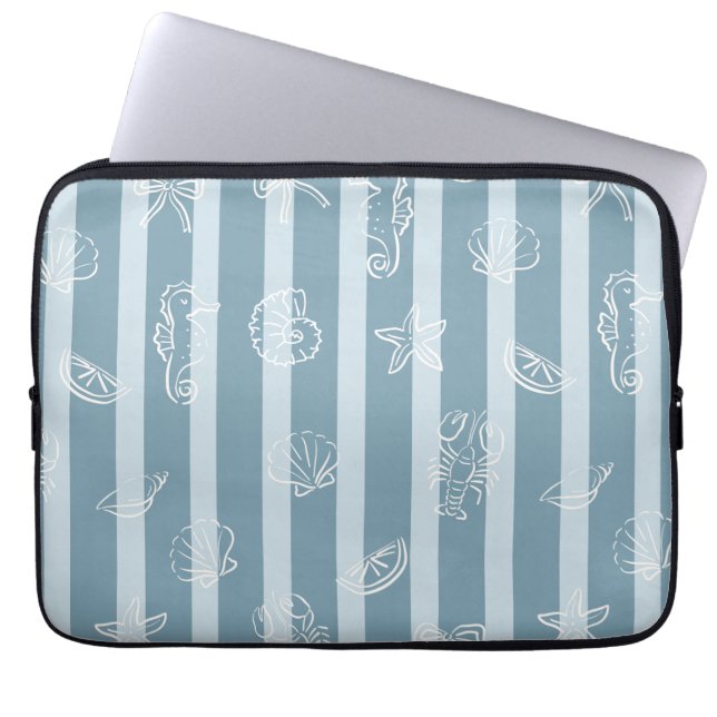 Capa Para Notebook Padrão Náutico Costeiro | Concha de Mar Azul & Cav (Frente)