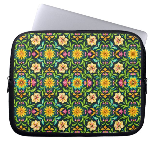 Capa Para Notebook Padrão Ornamental Floral em Cores Vibrantes (Frente)