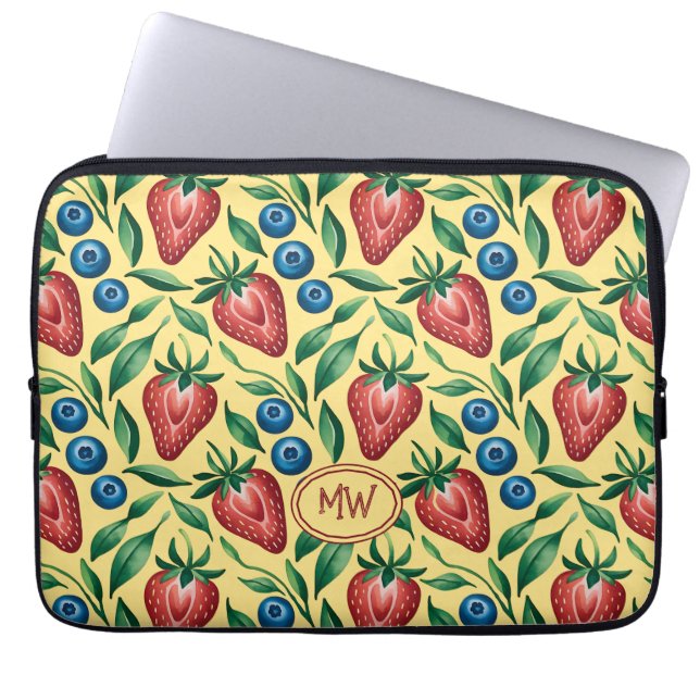 Capa Para Notebook Padrão Personalizado de Morango Mirtilo no Amarelo (Frente)