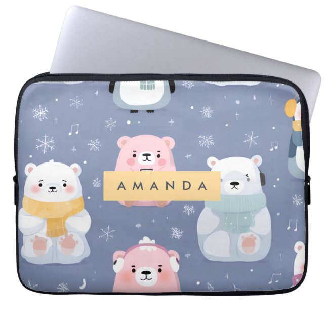 Capa Para Notebook Padrão Personalizado De Urso E Pinguim De Inverno (Frente)