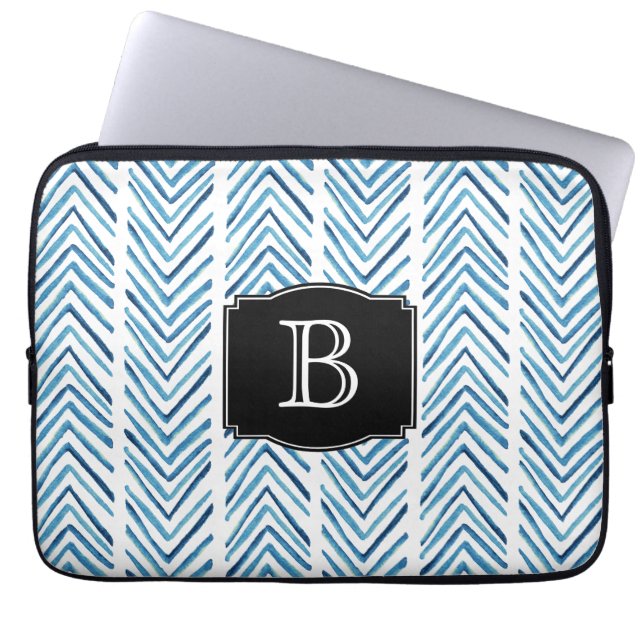 Capa Para Notebook Padrão Pintado de Chevrons Azul com Monograma (Frente)