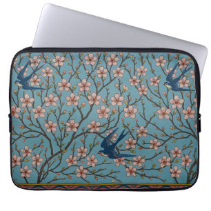 Capa Para Notebook Padrão Retrô de Andorinha Floral Azul por Walter C