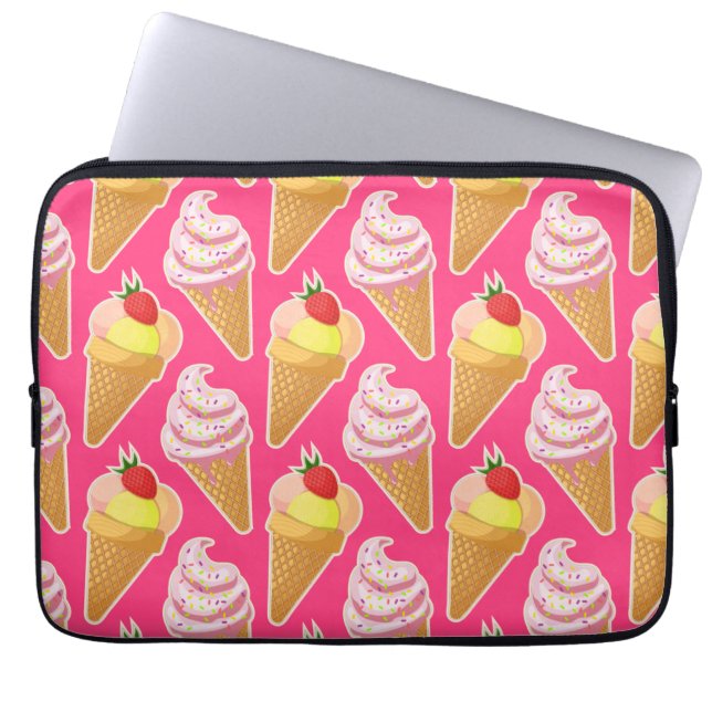 Capa Para Notebook Padrão rosa Kawaii com sorvete de morango (Frente)