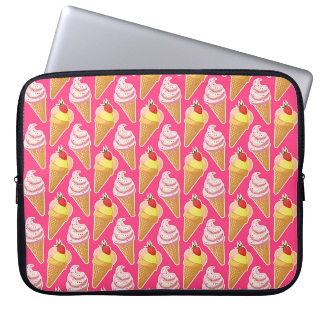 Capa Para Notebook Padrão rosa Kawaii com sorvete de morango (Frente)