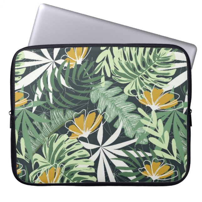 Capa Para Notebook Padrão sem costura com folhas e flores tropicais  (Frente)