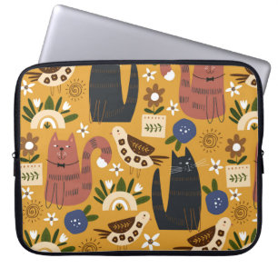 Capa Para Notebook Padrão sem costura com gatos e pássaros bonitos.