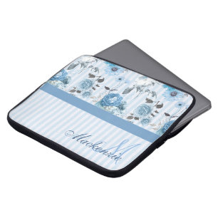 Capa Para Notebook Padrão Striped Personalizado Com Flores Azuis