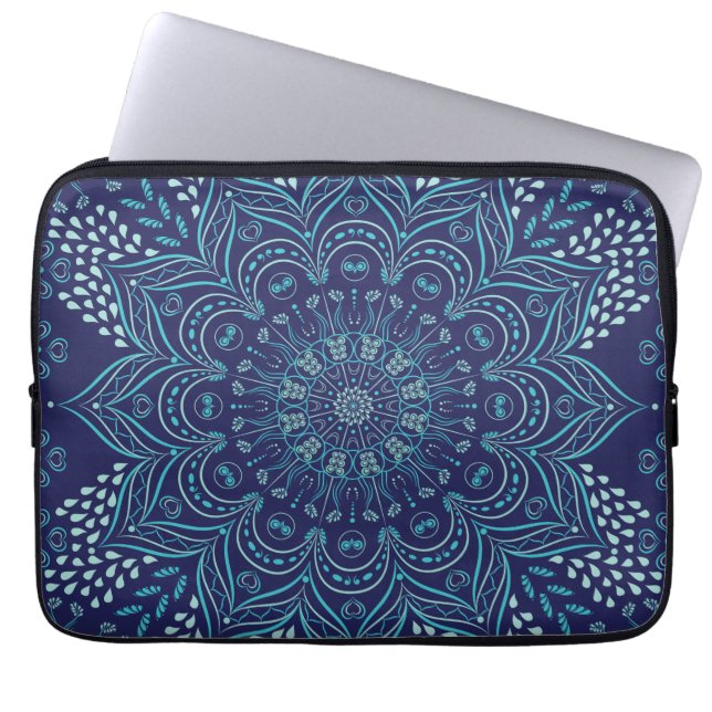Capa Para Notebook Padrão Teal mandala sobre fundo azul marinho (Frente)