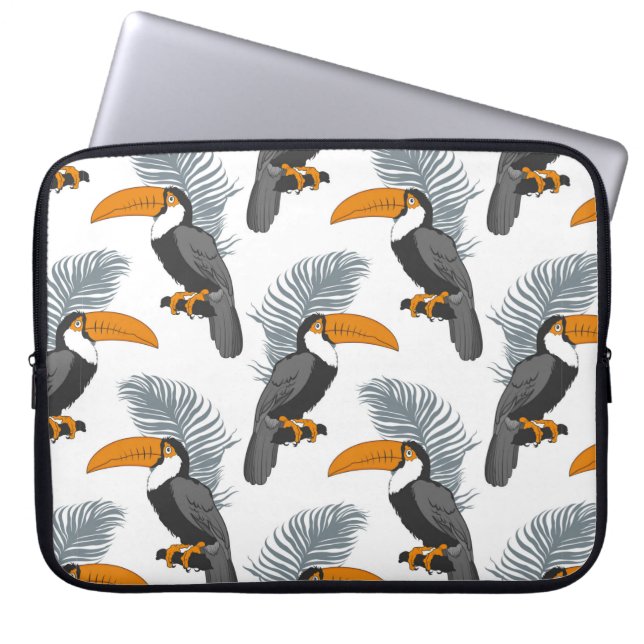 Capa Para Notebook Padrão tropical uniforme com tucanos e folhas.  (Frente)