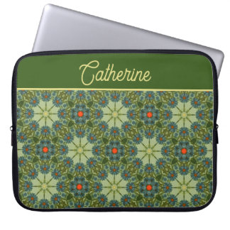 Capa Para Notebook Padrão vintage em verde com flores azuis