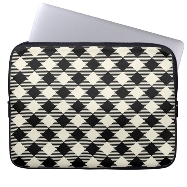 Capa Para Notebook Padrão Xadrez Gingham Preto e Bege Diagonal (Frente)