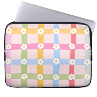 Capa Para Notebook Padrão Xadrez Pastel Fofo com Flores de Margarida