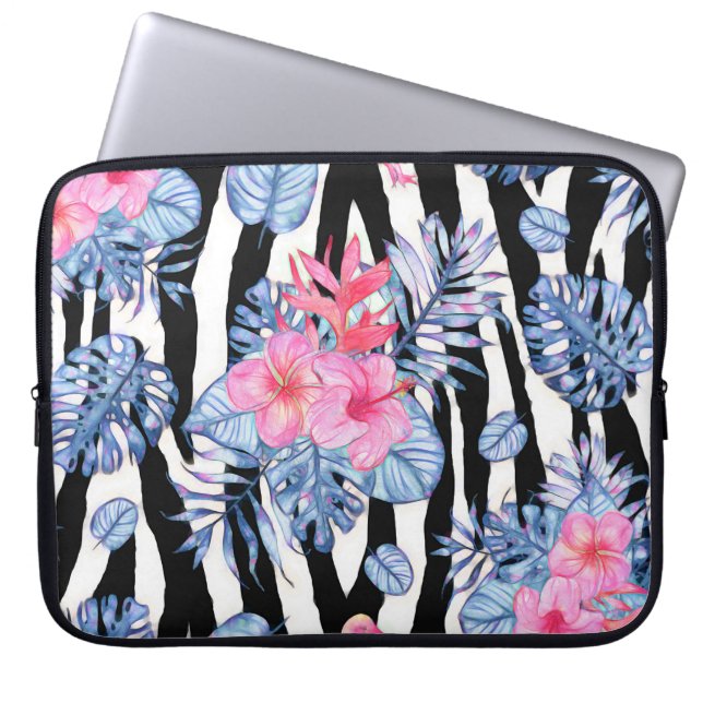 Capa Para Notebook Padrão Zebra com Hibisco Tropical e Flamingos (Frente)