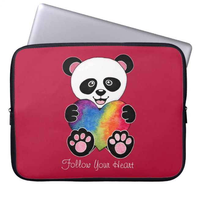 Capa Para Notebook Panda Cuta De Aquarela Com Coração Arco-Íris (Frente)