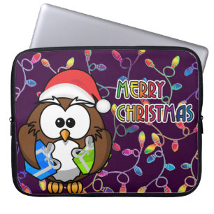 Capa Para Notebook Papais noeis - Coruja e luzes de Natal