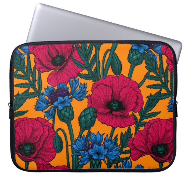 Capa Para Notebook Papoilas vermelhas e flores azuis em laranja (Frente)
