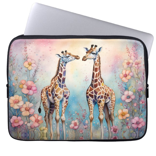 Capa Para Notebook Par de Girafas em Jardim Pastel (Frente)