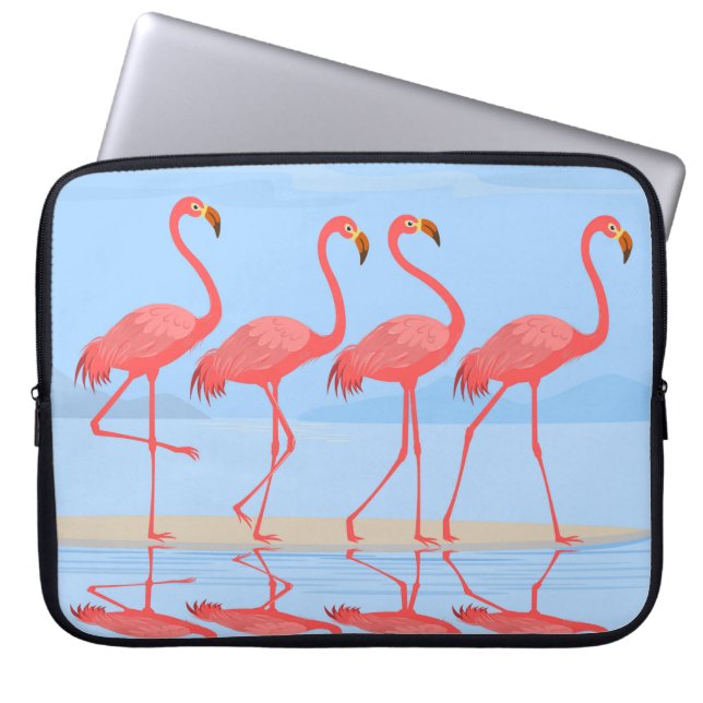 Capa Para Notebook Pássaro Flamingo caminhando na praia em design de  (Frente)