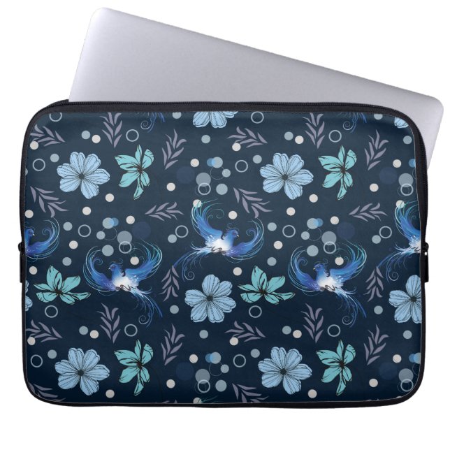 Capa Para Notebook Pássaros Azuis e Harmonia Floral Padrão Sem Costur (Frente)