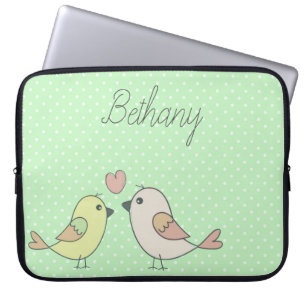 Capa Para Notebook Pássaros de Amor Bonitos na Bolinhas Verde da Casa