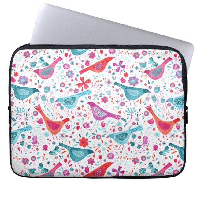 Capa Para Notebook Pássaros de Aquarela em Jardim de Flores (Frente)