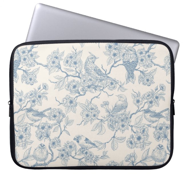 Capa Para Notebook Pássaros e flor de cerejeira em azul e branco esma (Frente)