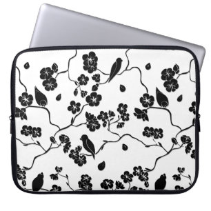 Capa Para Notebook Pássaros Pretos e Brancos com Padrões de Cereja