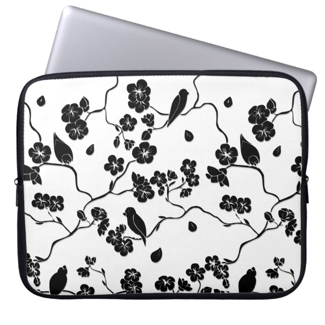 Capa Para Notebook Pássaros Pretos e Brancos com Padrões de Cereja (Frente)