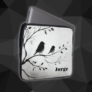 Capa Para Notebook Pássaros Simples Pretos e Brancos Povoando em Árvo