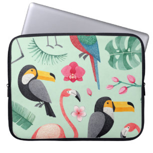 Capa Para Notebook Pássaros tropicais, flores, padrão de aquarela.