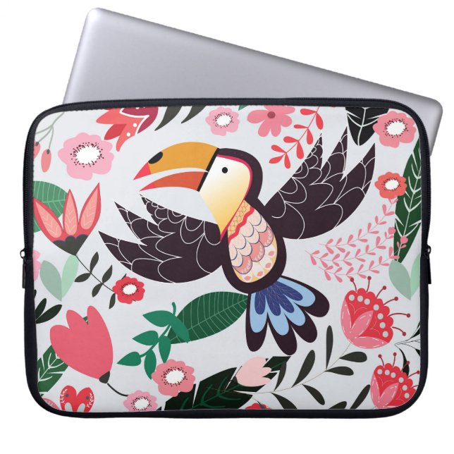 Capa Para Notebook Pássaros tropicais, padrão de rabiscos florais. (Frente)