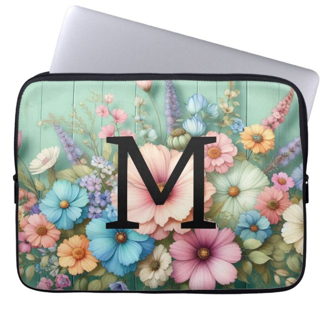 Capa Para Notebook Pastas de monograma com aquarela flores em madeira (Frente)