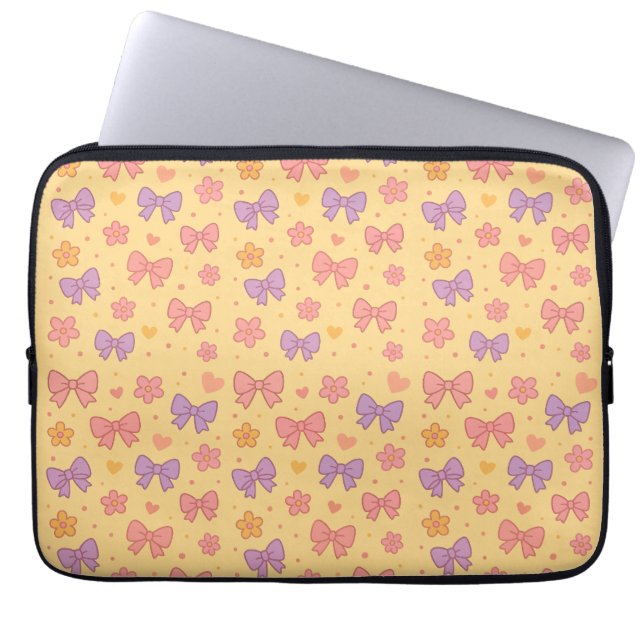 Capa Para Notebook Pastel Bows & Flowers Pattern – Cute Yellow Girly (Frente)