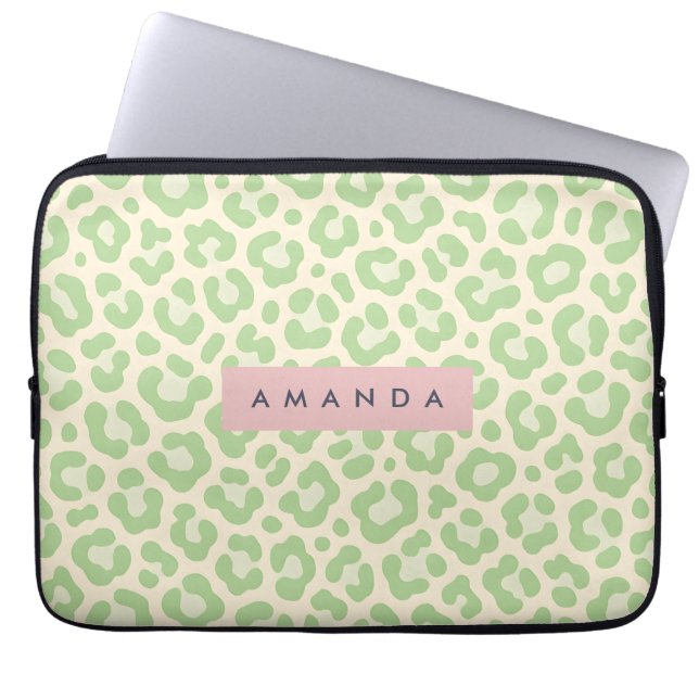Capa Para Notebook Pastel Verde Personalizado com Estampa de Leopardo (Frente)