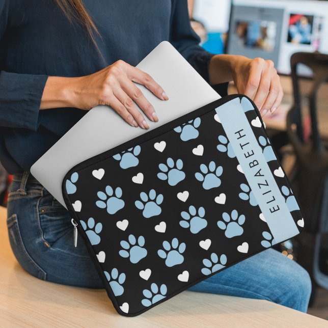 Capa Para Notebook Patas-Cães, Patas Azuis, Corações Brancos, Seu Nom (Criador carregado)